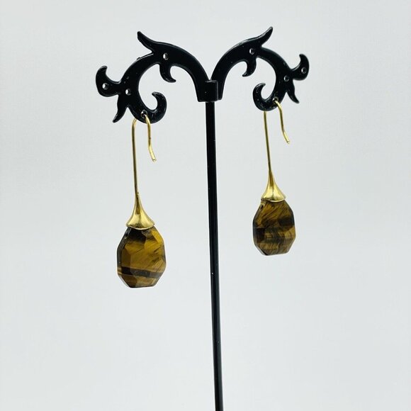 Simulated Tigers Eye Earrings Gold Tone Faceted Boho Festival Party Hippie - Picture 7 of 8